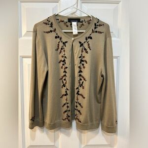 Jones New York Tan Cardigan with Black and Brown Embroidery